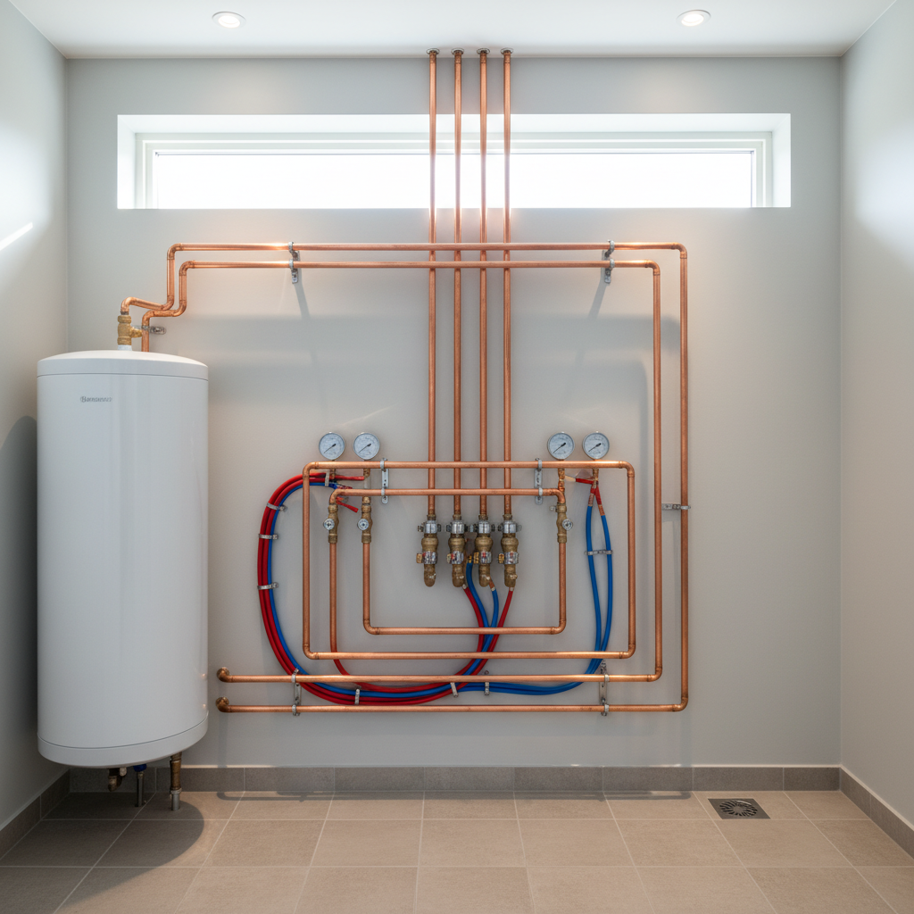 A bright, modern Swedish utility room showcasing a newly installed, perfectly aligned set of gleaming copper pipes, insulated PEX lines, and a pristine white water heater mounted on a painted light-grey wall. The connections are straight and symmetrical, with carefully placed shut-off valves and pressure gauges. The room has a clean tiled floor in neutral beige and a small floor drain in the corner. Natural daylight enters from a high window, combined with soft ceiling LEDs, creating clear highlights on the metal surfaces and gentle shadows behind the pipework. Photographic realism from a slightly angled, waist-high perspective underscores precision, safety, and a long-lasting professional VVS installation.