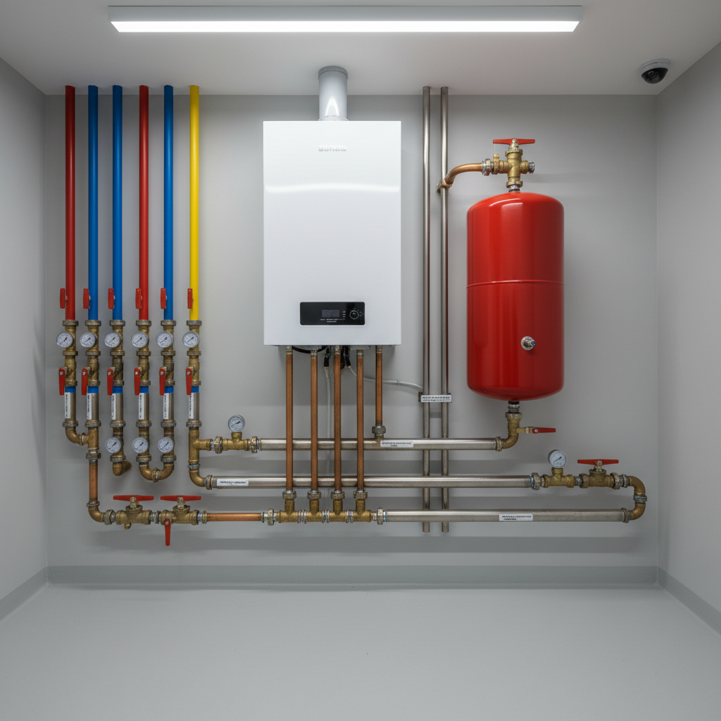 A professional boiler and mechanical room in a multi-family building, with an immaculate white wall-mounted condensing boiler, organized manifold system, expansion tank, and color-coded insulated pipes precisely aligned along the wall. Each valve and gauge is clearly visible and labeled, with no clutter on the smooth, light-grey epoxy floor. Bright, neutral LED lighting from above ensures every component is clearly lit, creating crisp but controlled shadows under pipes and tanks. Captured in photographic realism from a slightly elevated wide-angle perspective, the composition emphasizes technical competence, reliability, and future-ready building services for both private and corporate clients.