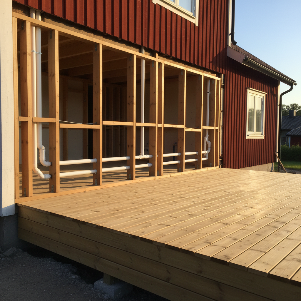 A clean, sunlit Swedish villa exterior under renovation, showing a freshly built timber deck with smooth, pressure-treated planks and a partially opened facade section where new insulated VVS pipes and drainage are visible. The wooden frame of the house is precise and well-braced, with straight lines and no debris around the work area. Soft afternoon sunlight casts warm tones over the timber and subtle shadows beneath the deck, while the sky is a clear pale blue. Photographic realism from a slightly low, three-quarter angle captures both the craftsmanship of the building work and the carefully integrated pipe installations, conveying a feeling of reliability and long-term durability.