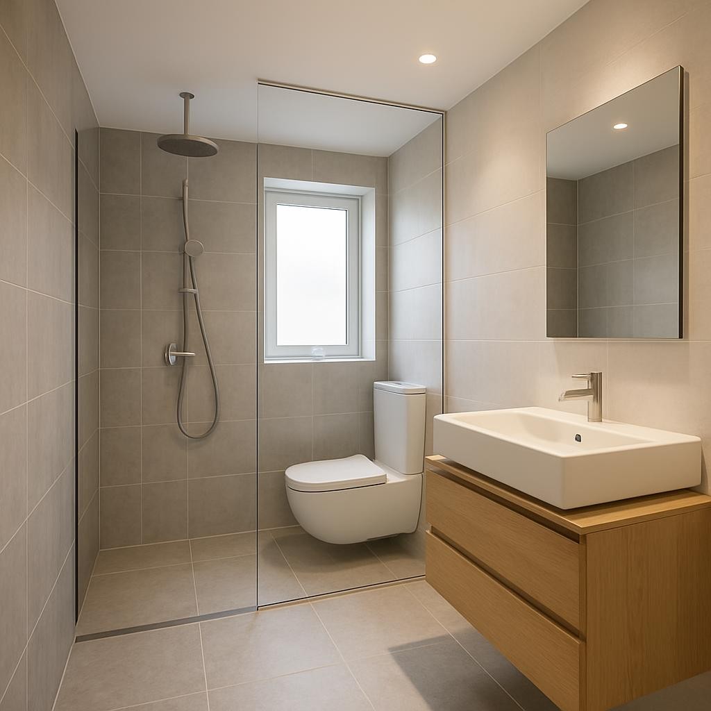 A serene, newly renovated Scandinavian-style bathroom, featuring a walk-in shower with frameless clear glass, a matte white wall-mounted toilet, and a floating light-oak vanity with a rectangular ceramic basin. Discreet, expertly installed VVS fixtures include a brushed stainless steel rain shower, minimalist mixer taps, and a slim floor drain flush with the large, stone-textured grey tiles. Soft, diffused daylight from a frosted window combines with warm recessed ceiling spots, creating gentle reflections on the chrome details and subtle shadows in corners. Photographic realism from an eye-level, wide-angle view gives a sense of space, cleanliness, and long-term quality workmanship, ideal for showcasing professional VVS and building services.